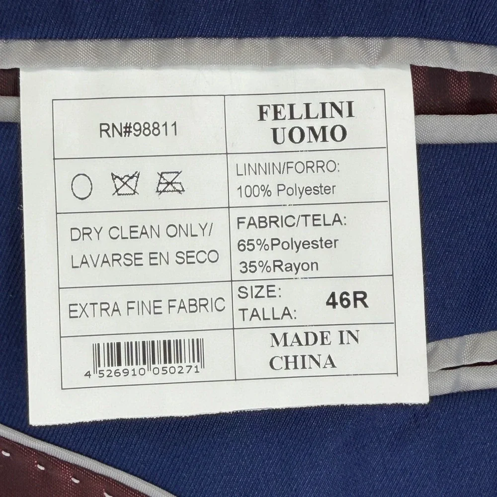 Fellini Uomo Mens Slim Fit Blazer Blue Super 140s Two Button Jacket 46R New